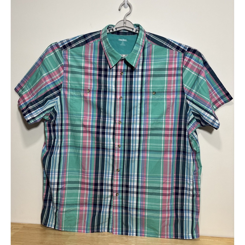 KingSize Men's 3XL Big Short Sleeve Pink Teal Plaid Button Down Shirt Cotton